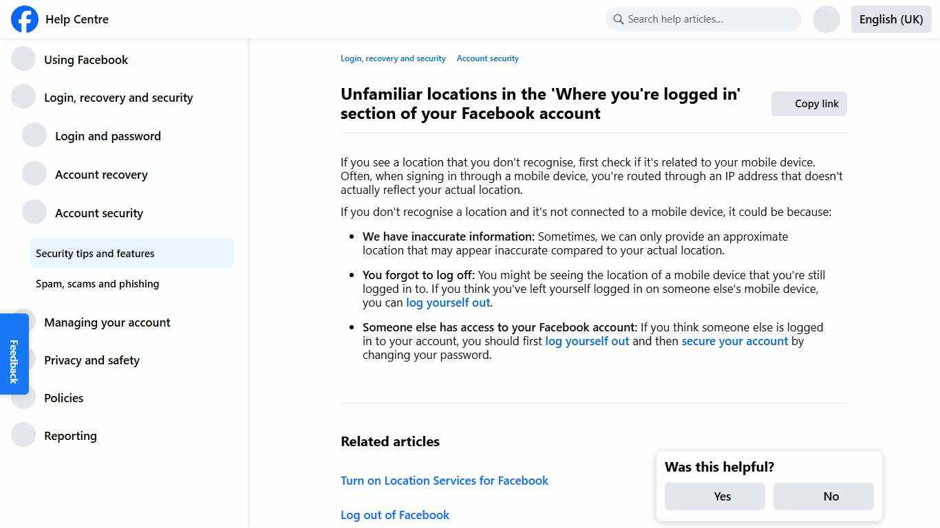 Unfamiliar locations in the 'Where you're logged in' section of your Facebook account Facebook Help Centre