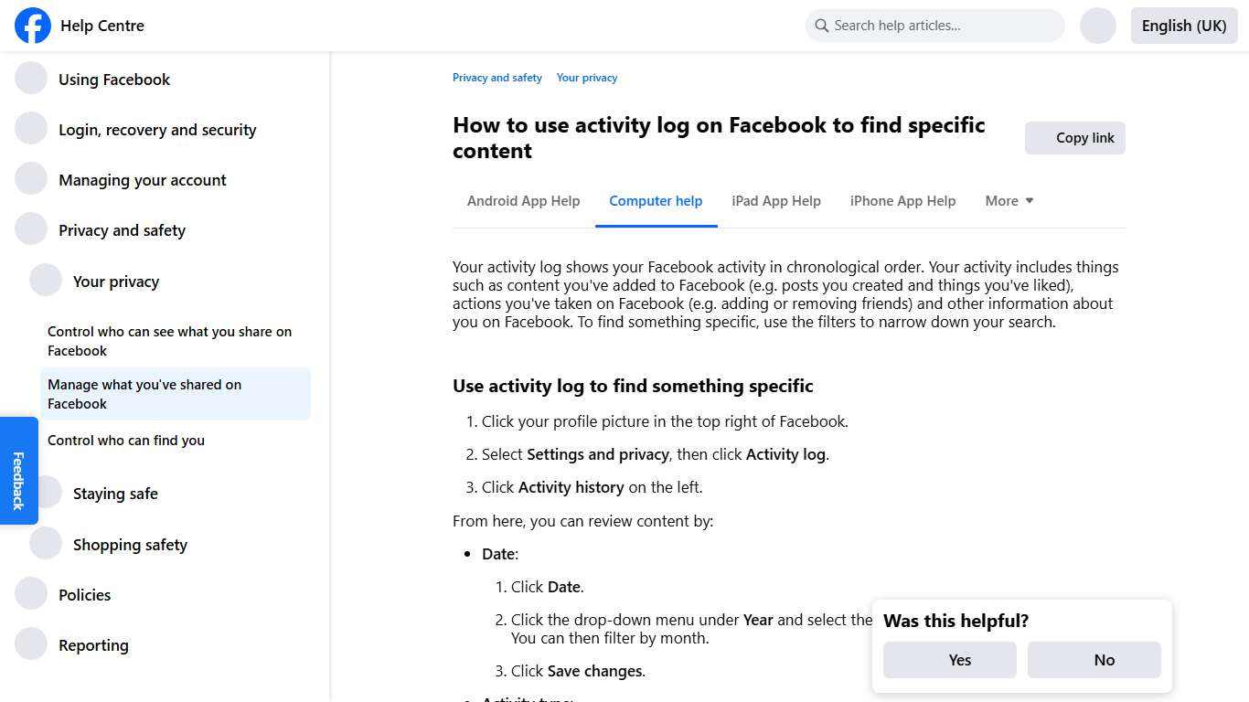 How to use activity log on Facebook to find specific content Facebook Help Centre